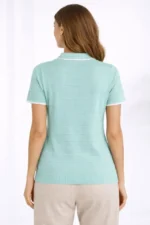 Triko Kumaş Yakalı Düğmesiz Açık Yaka Fitilli Kısa Kollu Regular Fit Tişört T-shirt - Mint Yeşili - Görsel 3