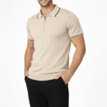 Erkek Fermuarlı Yaka Fitilli Triko Kısa Kollu Regular Fit Tişört T-shirt - Bej