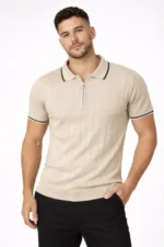 Erkek Fermuarlı Yaka Fitilli Triko Kısa Kollu Regular Fit Tişört T-shirt - Bej - Görsel 2