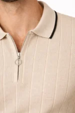 Erkek Fermuarlı Yaka Fitilli Triko Kısa Kollu Regular Fit Tişört T-shirt - Bej - Görsel 3
