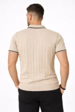 Erkek Fermuarlı Yaka Fitilli Triko Kısa Kollu Regular Fit Tişört T-shirt - Bej - Görsel 4