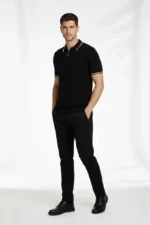 Erkek Fermuarlı Yaka Fitilli Triko Kısa Kollu Regular Fit Tişört T-shirt - Siyah - Görsel 2