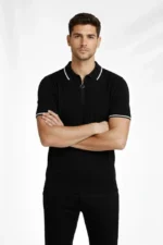 Erkek Fermuarlı Yaka Fitilli Triko Kısa Kollu Regular Fit Tişört T-shirt - Siyah - Görsel 3