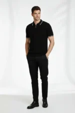 Erkek Fermuarlı Yaka Fitilli Triko Kısa Kollu Regular Fit Tişört T-shirt - Siyah - Görsel 4