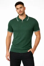 Erkek Fermuarlı Yaka Fitilli Triko Kısa Kollu Regular Fit Tişört T-shirt - Yeşil - Görsel 2