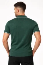 Erkek Fermuarlı Yaka Fitilli Triko Kısa Kollu Regular Fit Tişört T-shirt - Yeşil - Görsel 3