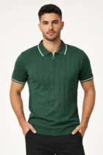 Erkek Fermuarlı Yaka Fitilli Triko Kısa Kollu Regular Fit Tişört T-shirt - Yeşil - Görsel 4