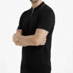 Erkek Triko Kumaş Yakalı Düğmesiz Açık Yaka Fitilli Kısa Kollu Regular Fit Tişört T-shirt - Siyah