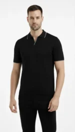 Erkek Triko Kumaş Yakalı Düğmesiz Açık Yaka Fitilli Kısa Kollu Regular Fit Tişört T-shirt - Siyah - Görsel 2