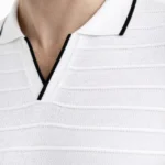 Erkek Triko Kumaş Yakalı Düğmesiz Açık Yaka Fitilli Kısa Kollu Regular Fit Tişört T-shirt - Beyaz