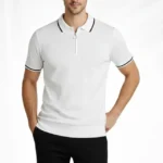 Erkek Fermuarlı Yaka Fitilli Triko Kısa Kollu Regular Fit Tişört T-shirt - Beyaz