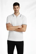 Erkek Fermuarlı Yaka Fitilli Triko Kısa Kollu Regular Fit Tişört T-shirt - Beyaz - Görsel 2