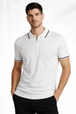 Erkek Fermuarlı Yaka Fitilli Triko Kısa Kollu Regular Fit Tişört T-shirt - Beyaz - Görsel 3