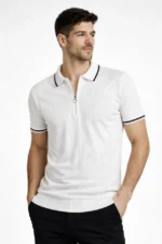 Erkek Fermuarlı Yaka Fitilli Triko Kısa Kollu Regular Fit Tişört T-shirt - Beyaz - Görsel 4