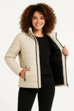 Mikro Su İtici Kapitone Baskılı Astarlı Fermuarlı Bomber Mont - Bej - Görsel 2