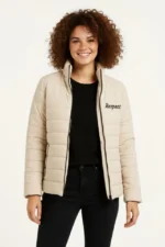 Mikro Su İtici Kapitone Baskılı Astarlı Fermuarlı Bomber Mont - Bej - Görsel 4