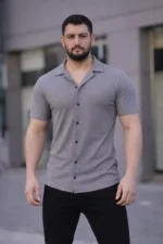 Erkek Waffle Kumaş Kısa Kollu Düğmeli Açık Yaka Regular Fit Gömlek - Gri - Görsel 4