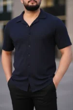 Erkek Waffle Kumaş Kısa Kollu Düğmeli Açık Yaka Regular Fit Gömlek - Lacivert - Görsel 2