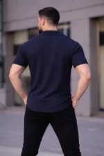 Erkek Waffle Kumaş Kısa Kollu Düğmeli Açık Yaka Regular Fit Gömlek - Lacivert - Görsel 3