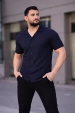 Erkek Waffle Kumaş Kısa Kollu Düğmeli Açık Yaka Regular Fit Gömlek - Lacivert - Görsel 4
