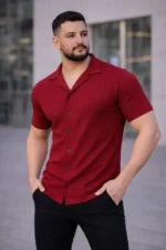 Erkek Waffle Kumaş Kısa Kollu Düğmeli Açık Yaka Regular Fit Gömlek - Kırmızı