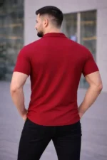 Erkek Waffle Kumaş Kısa Kollu Düğmeli Açık Yaka Regular Fit Gömlek - Kırmızı - Görsel 2