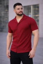 Erkek Waffle Kumaş Kısa Kollu Düğmeli Açık Yaka Regular Fit Gömlek - Kırmızı - Görsel 3