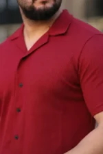 Erkek Waffle Kumaş Kısa Kollu Düğmeli Açık Yaka Regular Fit Gömlek - Kırmızı - Görsel 4