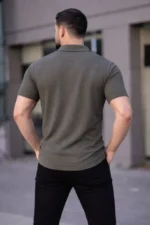 Erkek Waffle Kumaş Kısa Kollu Düğmeli Açık Yaka Regular Fit Gömlek - Haki - Görsel 3