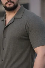 Erkek Waffle Kumaş Kısa Kollu Düğmeli Açık Yaka Regular Fit Gömlek - Haki - Görsel 4