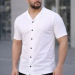 Erkek Waffle Kumaş Kısa Kollu Düğmeli Açık Yaka Regular Fit Gömlek - Beyaz
