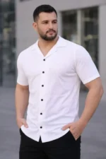 Erkek Waffle Kumaş Kısa Kollu Düğmeli Açık Yaka Regular Fit Gömlek - Beyaz - Görsel 4