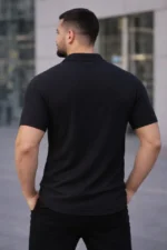 Erkek Waffle Kumaş Kısa Kollu Düğmeli Açık Yaka Regular Fit Gömlek - Siyah - Görsel 2