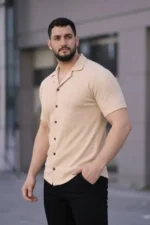 Erkek Waffle Kumaş Kısa Kollu Düğmeli Açık Yaka Regular Fit Gömlek - Bej - Görsel 2
