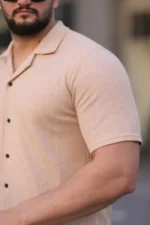 Erkek Waffle Kumaş Kısa Kollu Düğmeli Açık Yaka Regular Fit Gömlek - Bej - Görsel 3