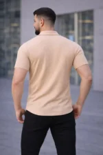Erkek Waffle Kumaş Kısa Kollu Düğmeli Açık Yaka Regular Fit Gömlek - Bej - Görsel 4