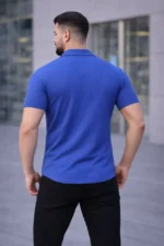 Erkek Waffle Kumaş Kısa Kollu Düğmeli Açık Yaka Regular Fit Gömlek - Saks Mavisi - Görsel 2