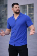 Erkek Waffle Kumaş Kısa Kollu Düğmeli Açık Yaka Regular Fit Gömlek - Saks Mavisi - Görsel 3