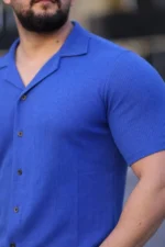 Erkek Waffle Kumaş Kısa Kollu Düğmeli Açık Yaka Regular Fit Gömlek - Saks Mavisi - Görsel 4