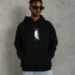 Siyah Oversize Hoodie - Sırt Baskılı Survivor Penguin Temalı, Felsefi Yazılı Kapüşonlu Sweatshirt - Siyah