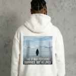 Siyah Oversize Hoodie - Sırt Baskılı Survivor Penguin Temalı, Felsefi Yazılı Kapüşonlu Sweatshirt - Beyaz