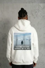 Siyah Oversize Hoodie - Sırt Baskılı Survivor Penguin Temalı, Felsefi Yazılı Kapüşonlu Sweatshirt - Beyaz