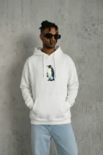 Siyah Oversize Hoodie - Sırt Baskılı Survivor Penguin Temalı, Felsefi Yazılı Kapüşonlu Sweatshirt - Beyaz - Görsel 2