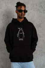 Erkek Nihilist Penguen Özel Tasarım Oversize Kapüşonlu Sweatshirt - Siyah - Görsel 2