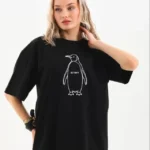 Nihilist Penguen Özel Tasarım Oversize Bisiklet Yaka Tişört - Siyah