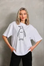 Nihilist Penguen Özel Tasarım Oversize Bisiklet Yaka Tişört - Beyaz - Görsel 2