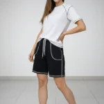 Spor Tişört Şort Takım Kontrast Dikiş Detaylı Ovarsize Rahat Kalıp - Beyaz