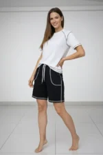 Spor Tişört Şort Takım Kontrast Dikiş Detaylı Ovarsize Rahat Kalıp - Beyaz