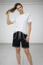 Spor Tişört Şort Takım Kontrast Dikiş Detaylı Ovarsize Rahat Kalıp - Beyaz - Görsel 2