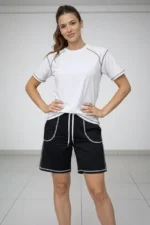 Spor Tişört Şort Takım Kontrast Dikiş Detaylı Ovarsize Rahat Kalıp - Beyaz - Görsel 3